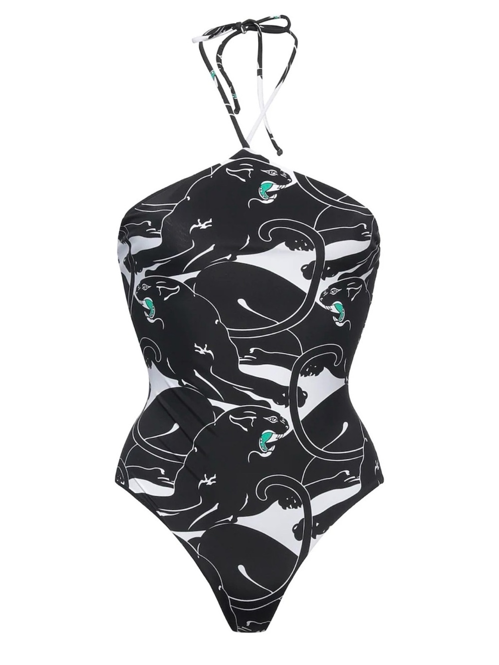 Valentino Black & White Panther-Print Halter One-Piece with Teal Accents